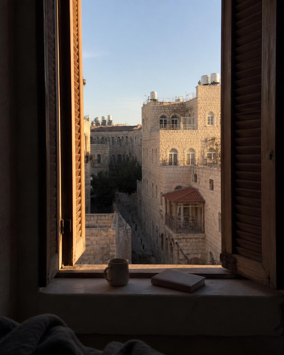 A Jerusalem apartment window with wooden shutters open onto a stone-clad street.